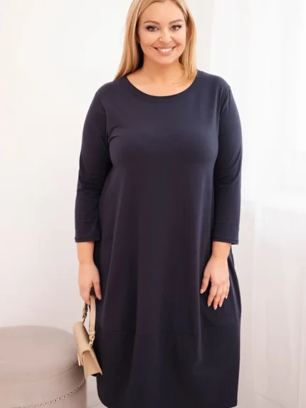 Sukienka damska bawełniana Plus Size z podwijanym rękawem i kieszeniami granatowa
