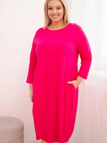 Sukienka damska bawełniana Plus Size z podwijanym rękawem i kieszeniami fuksja