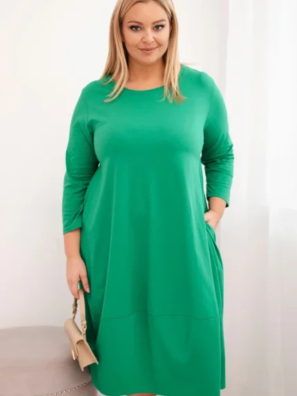 Sukienka damska bawełniana Plus Size z podwijanym rękawem i kieszeniami zielona