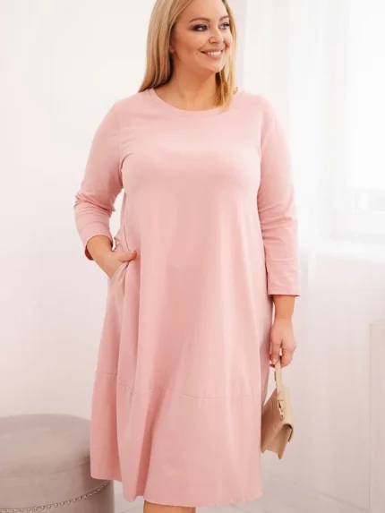 Sukienka damska bawełniana Plus Size z podwijanym rękawem i kieszeniami pudrowy róż