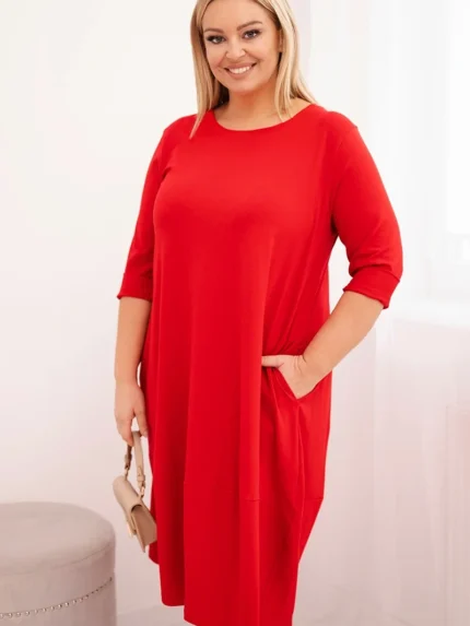 Sukienka damska bawełniana Plus Size z podwijanym rękawem i kieszeniami czerwona