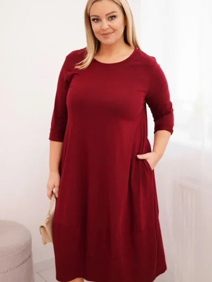 Sukienka damska bawełniana Plus Size z podwijanym rękawem i kieszeniami bordowa