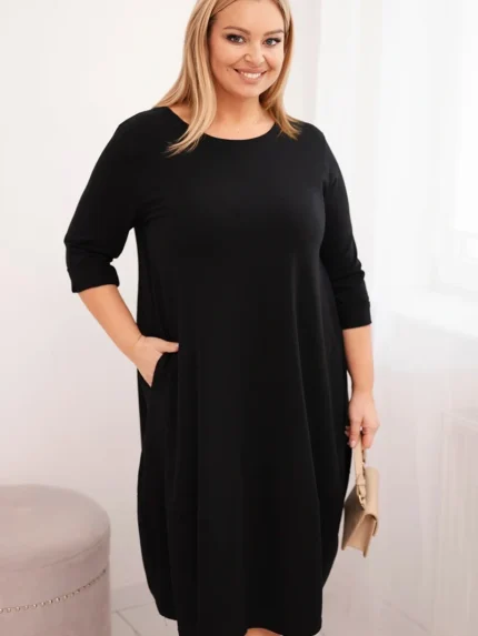 Sukienka damska bawełniana Plus Size z podwijanym rękawem i kieszeniami czarna