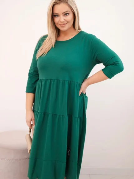Sukienka damska bawełniana Plus Size z falbanami i podwiniętym rękawem zielona
