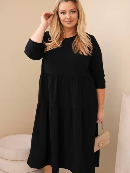 Sukienka damska bawełniana Plus Size z falbanami i podwiniętym rękawem czarna