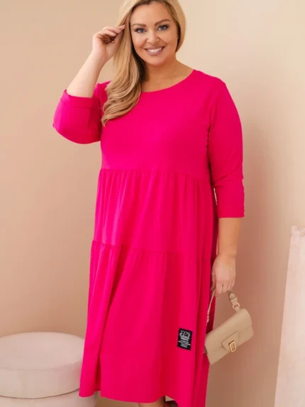 Sukienka damska bawełniana Plus Size z falbanami i podwiniętym rękawem fuksja