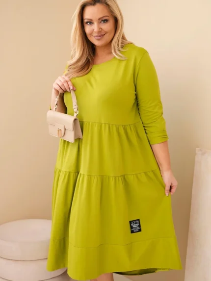 Sukienka damska bawełniana Plus Size z falbanami i podwiniętym rękawem pistacjowa