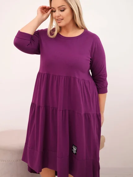 Sukienka damska bawełniana Plus Size z falbanami i podwiniętym rękawem ciemno fioletowa