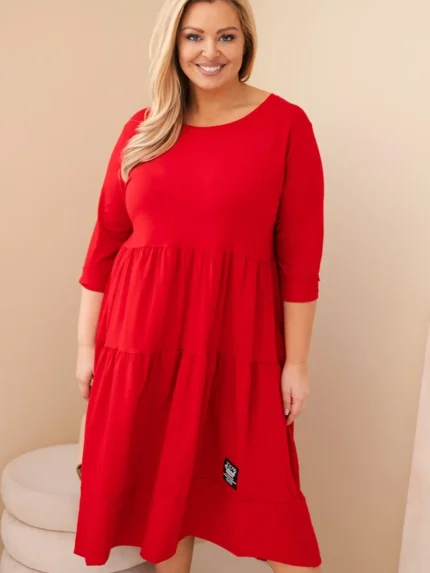 Sukienka damska bawełniana Plus Size z falbanami i podwiniętym rękawem czerwona