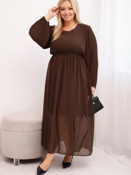 Sukienka plisowana damska Plus Size z wiskozy i z długim rękawem brązowa
