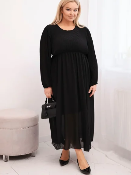 Sukienka plisowana damska Plus Size z wiskozy i z długim rękawem czarna
