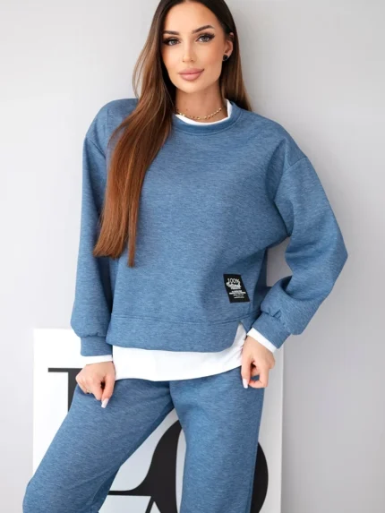 Komplet damski z masełkowy z luźną bluzą i spodniami dresowymi  jeansowy melanż