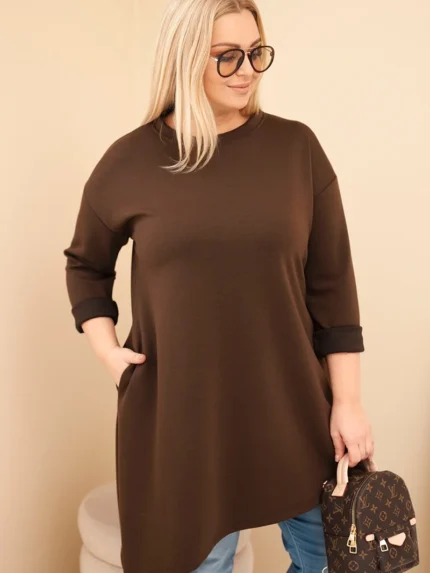 Sukienka damska Plus Size z wiskozy z luźnym fasonem i długim rękawem brązowa