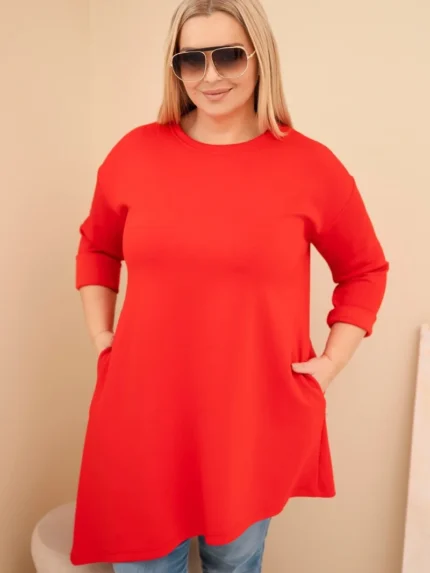 Sukienka damska Plus Size z wiskozy z luźnym fasonem i długim rękawem czerowna