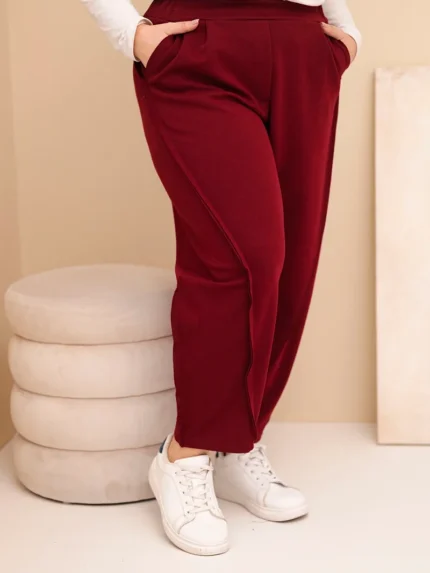 Spodnie damskie bawełniane Plus Size o luźnym kroju z wysokim stanem bordowe