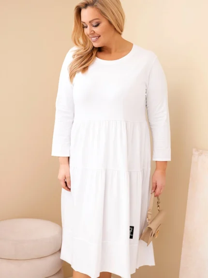 Sukienka damska bawełniana Plus Size z falbanami i podwiniętym rękawem biała