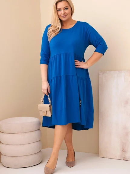 Sukienka damska bawełniana Plus Size z falbanami i podwiniętym rękawem chabrowa