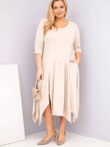 Sukienka damska bawełniana Plus Size z asymetrycznym dołem beżowa