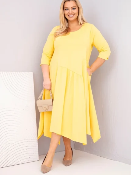 Sukienka damska bawełniana Plus Size z asymetrycznym dołem żółta