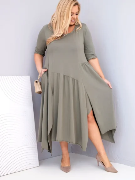 Sukienka damska bawełniana Plus Size z asymetrycznym dołem khaki