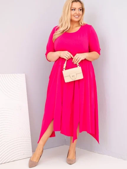 Sukienka damska bawełniana Plus Size z asymetrycznym dołem fuksja
