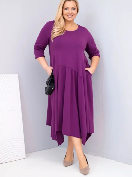 Sukienka damska bawełniana Plus Size z asymetrycznym dołem ciemno fioletowa