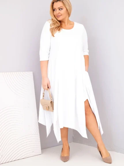 Sukienka damska bawełniana Plus Size z asymetrycznym dołem biała