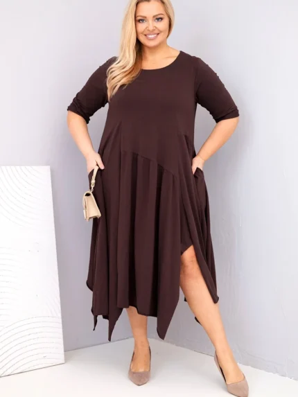 Sukienka damska bawełniana Plus Size z asymetrycznym dołem brązowa