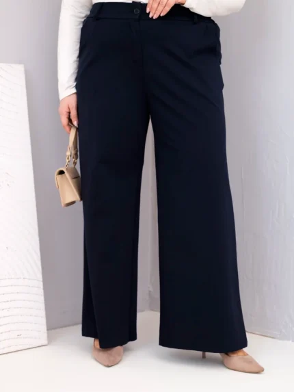 Spodnie damskie Plus Size z szeroką nogawką i wysokim stanem granatowe