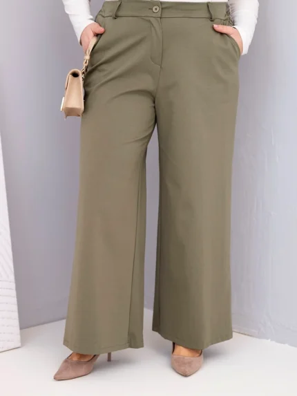 Spodnie damskie Plus Size z szeroką nogawką i wysokim stanem khaki