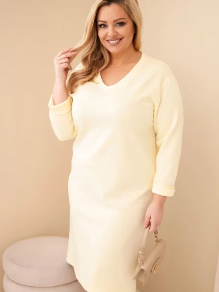 Sukienka damska Plus Size masełkowa z dekoltem V i rękawem żółta
