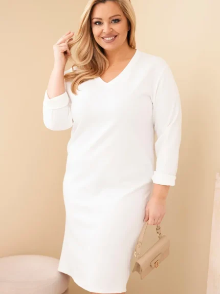 Sukienka damska Plus Size masełkowa z dekoltem V i rękawem biała