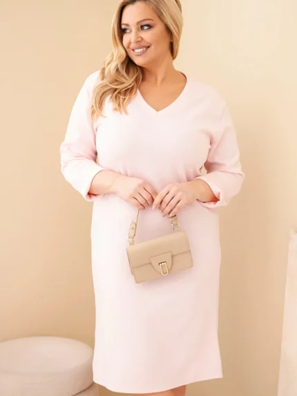 Sukienka damska Plus Size masełkowa z dekoltem V i rękawem pudrowy róż