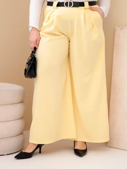 Spodnie damskie Plus Size wiskozowe z szeroką nogawką i paskiem żółte