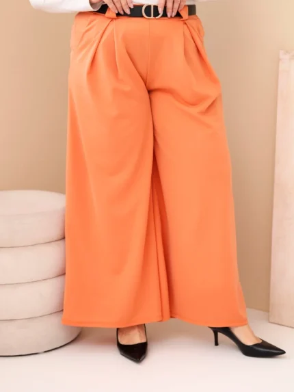 Spodnie damskie Plus Size wiskozowe z szeroką nogawką i paskiem morelowe