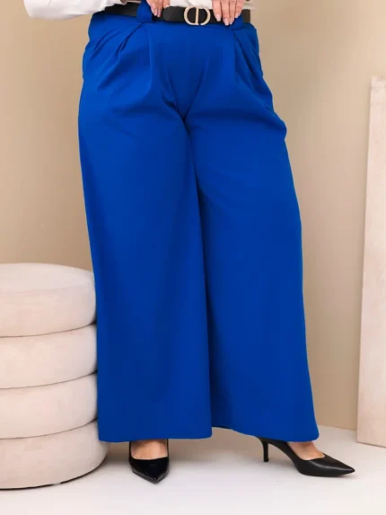 Spodnie damskie Plus Size wiskozowe z szeroką nogawką i paskiem chabrowe