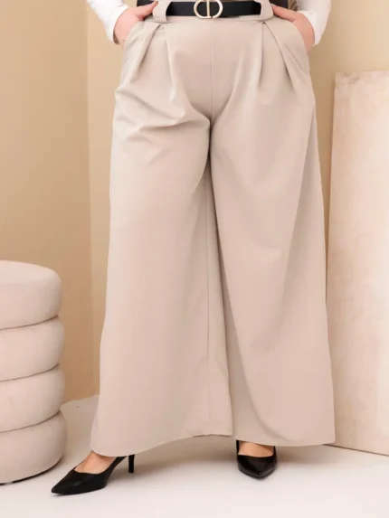 Spodnie damskie Plus Size wiskozowe z szeroką nogawką i paskiem beżowe