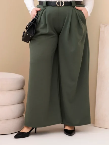 Spodnie damskie Plus Size wiskozowe z szeroką nogawką i paskiem khaki