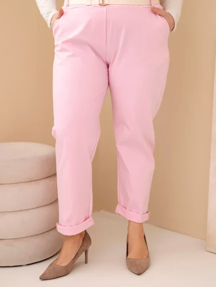 Spodnie damskie bawełniane Plus Size z paskiem jasno różowe
