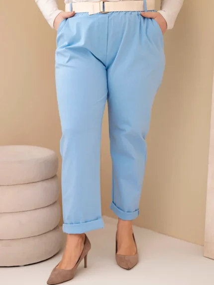 Spodnie damskie bawełniane Plus Size z paskiem niebieskie