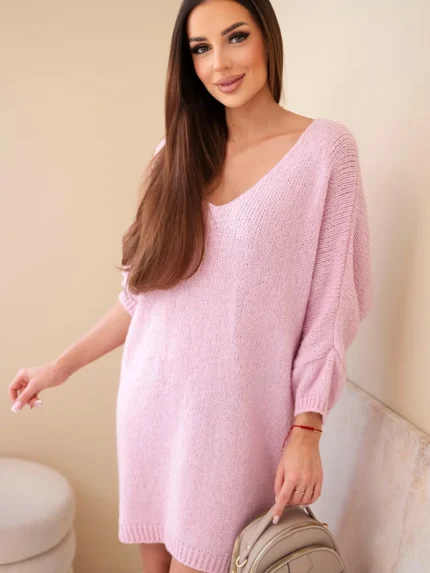 Sukienka damska Plus Size wełniana z dekoltem V jasno różowa