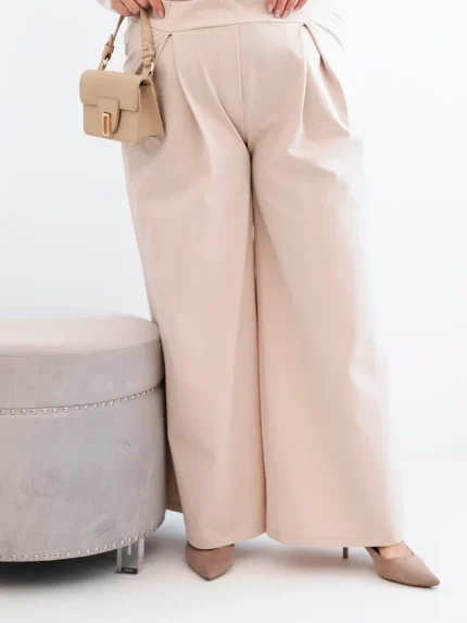 Spodnie damskie Plus Size z szerokimi nogawkami i plisowaniem beżowa