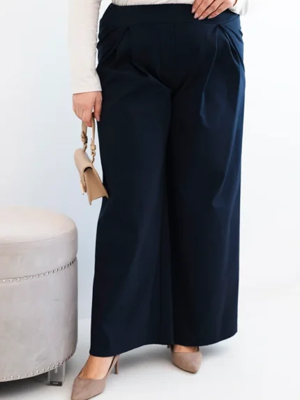 Spodnie damskie Plus Size z szerokimi nogawkami i plisowaniem granatowe