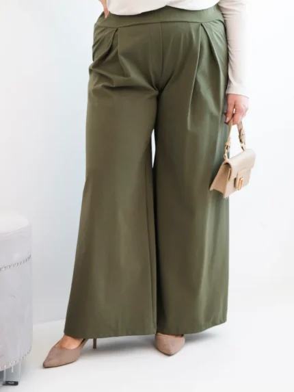Spodnie damskie Plus Size z szerokimi nogawkami i plisowaniem khaki