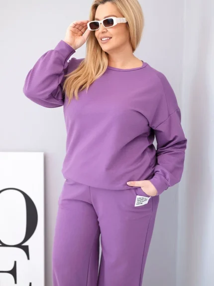 Komplet damski Plus Size bawełniany z luźną bluzą i spodniami z szeroką nogawką fioletowy