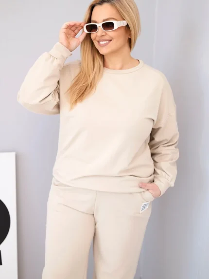 Komplet damski Plus Size bawełniany z luźną bluzą i spodniami z szeroką nogawką beżowy