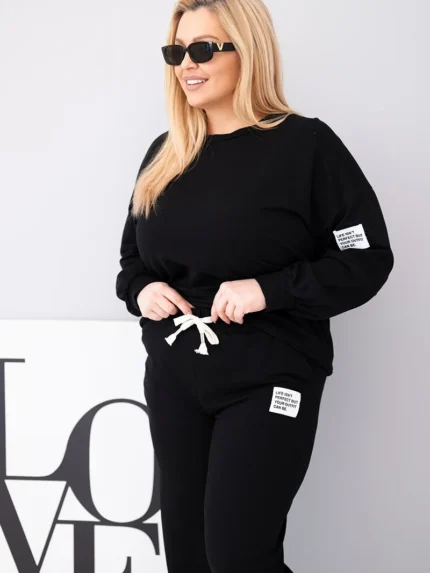 Komplet damski Plus Size bawełniany z luźną bluzą i spodniami z szeroką nogawką czarny