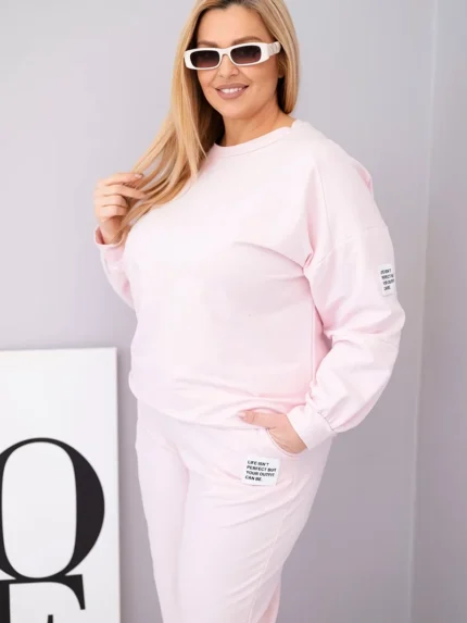 Komplet damski Plus Size bawełniany z luźną bluzą i spodniami z szeroką nogawką cukierkowy róż
