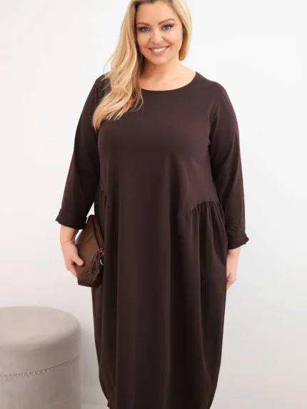 Sukienka damska Plus Size bawełniana z długim rękawem i marszczeniem w talii brązowa