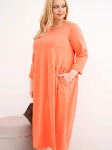 Sukienka damska Plus Size bawełniana z długim rękawem i marszczeniem w talii morelowa